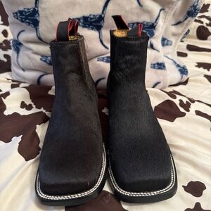 Black Hair-On Leather Square-Toe Chelsea Boots